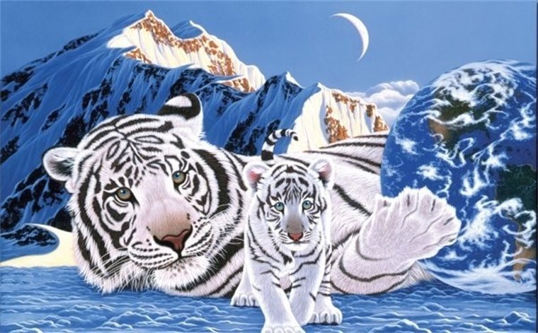 Тигры - живопись, тигры, пейзаж, животные - оригинал