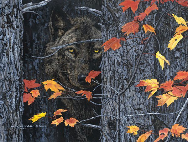 №145304 - осень, лес, волк, листва - оригинал