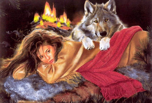 Девушка и волк - волки, животные, девушки - оригинал