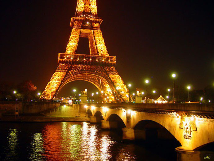 Париж - пейзаж, ночь, париж, башня, мост, природа - оригинал