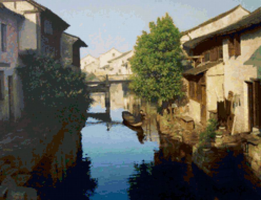 Ван Ихуа - пейзаж, река, город, природа, художник, красота - предпросмотр