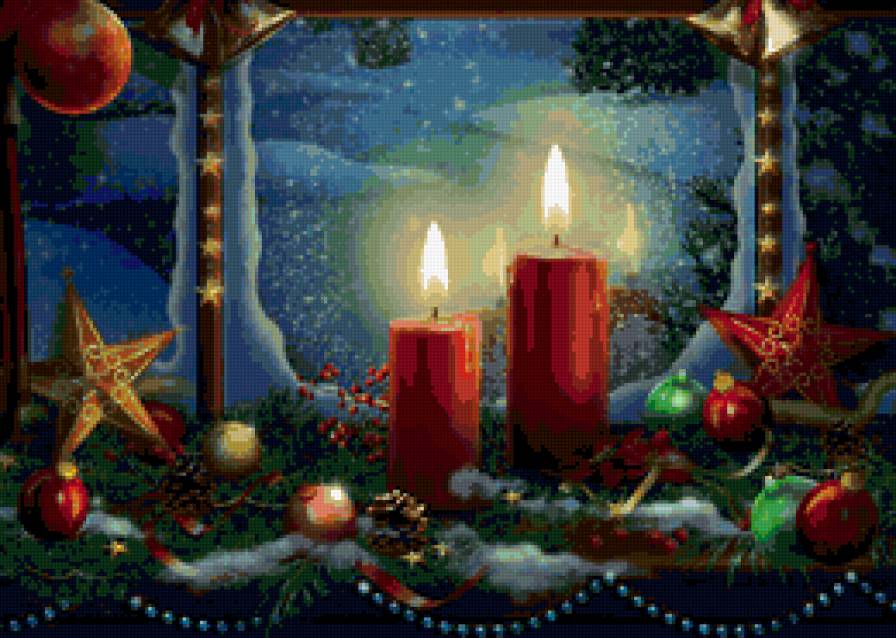 У заснеженного окна - игрушка, свеча, снег, рождество, окно, новый год, звезда, зима - предпросмотр