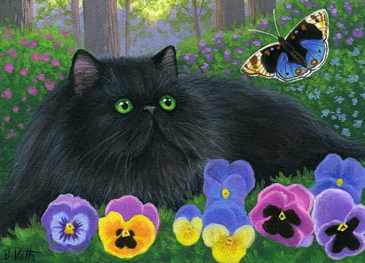 Кот и бабочка - кошки, природа, анютины глазки, животные, анютки, бабочка, кот - оригинал