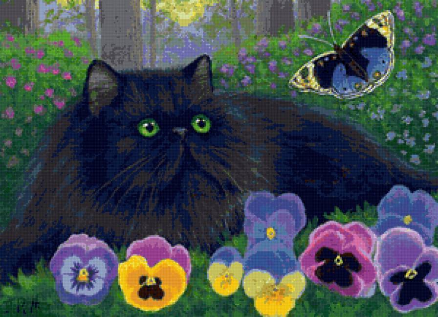 Кот и бабочка - кот, животные, природа, анютины глазки, кошки, анютки, бабочка - предпросмотр
