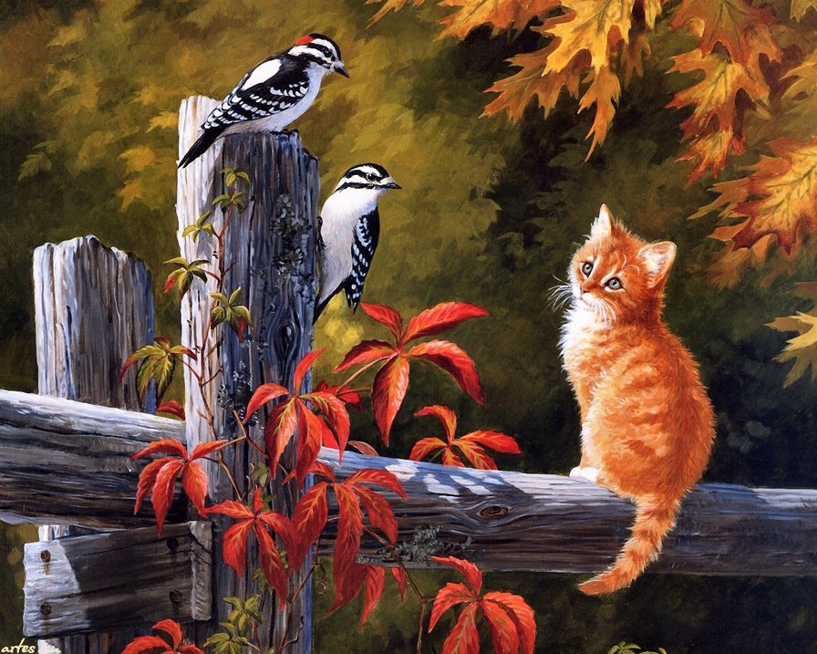 По картине художника. "Котик и дятлы" (мал.) - сад, кошка, забор, природа, животные, дятел, птица, картина, кот - оригинал