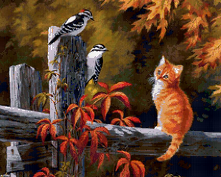 По картине художника. "Котик и дятлы" (мал.) - картина, сад, забор, дятел, природа, кошка, кот, птица, животные - предпросмотр