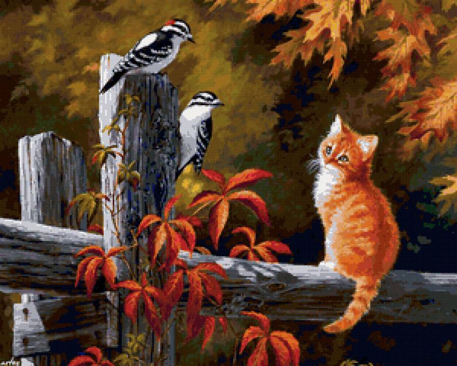 По картине художника."Кот и дятлы." Большая - дятел, картина, кот, животные, кошка, природа, забор, сад, птица - предпросмотр