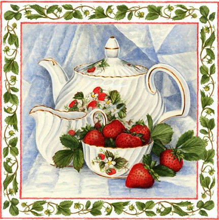 Натюрморт с клубникой - натюрморт, чайник, посуда, клубника, фарфор, ягоды, чашечки - оригинал