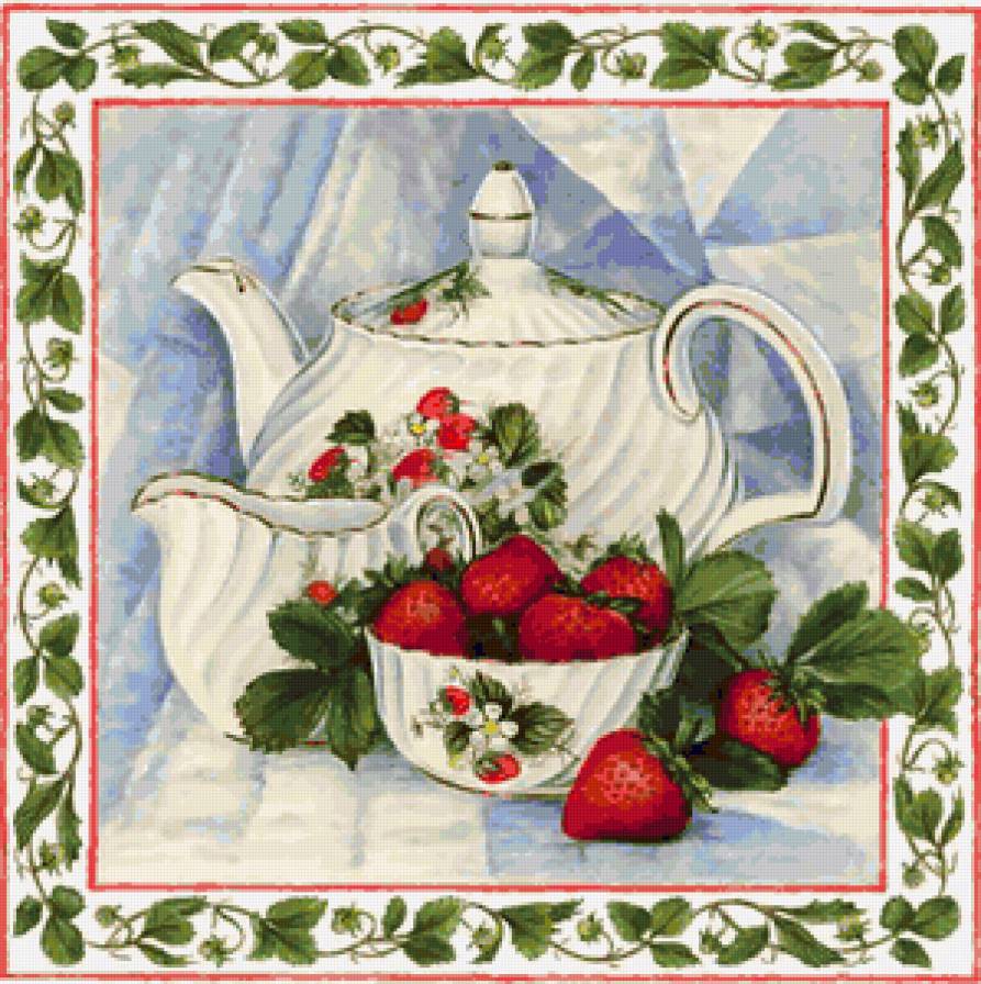 Натюрморт с клубникой - фарфор, ягоды, чашечки, натюрморт, посуда, чайник, клубника - предпросмотр