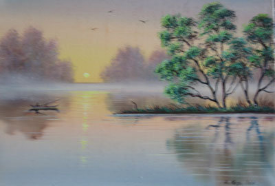 Утренний туман - озеро, пейзаж, картина - оригинал
