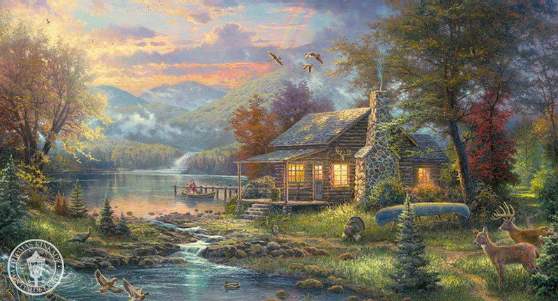Домик у горной реки - рассвет, лодка, животные, лес, дом, вода, красота - оригинал