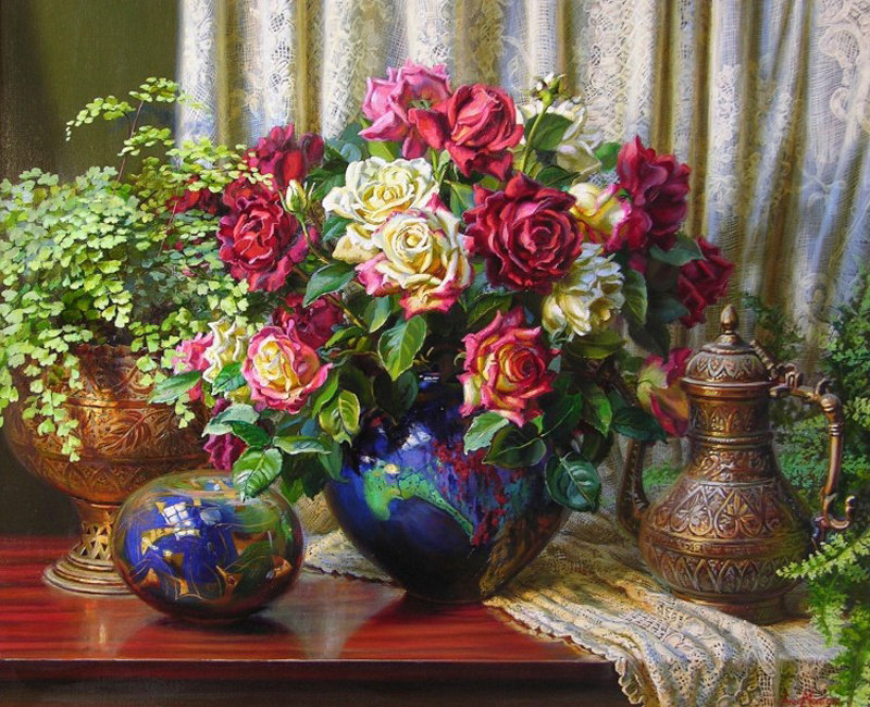 Натюрморт - цветы, натюрморт, розы, ваза - оригинал