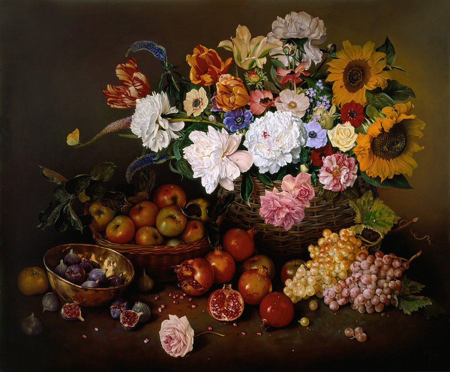 HARVEST oil on canvas - натюрморт, фрукты, цветы, гранат - оригинал