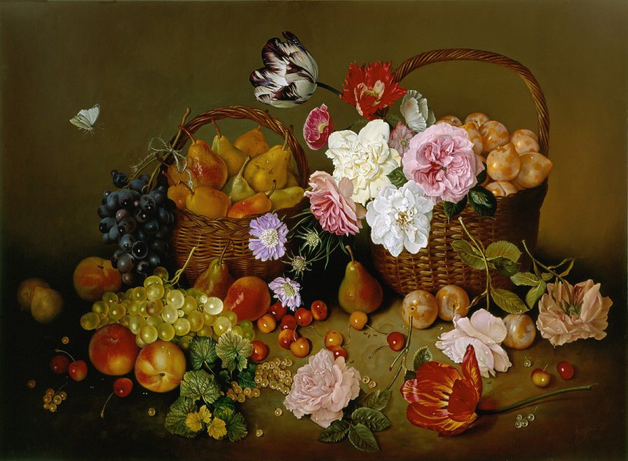 ORCHARD HARVEST Oil on canvas - фрукты, цветы, натюрморт, orchard harvest, oil on canvas - оригинал