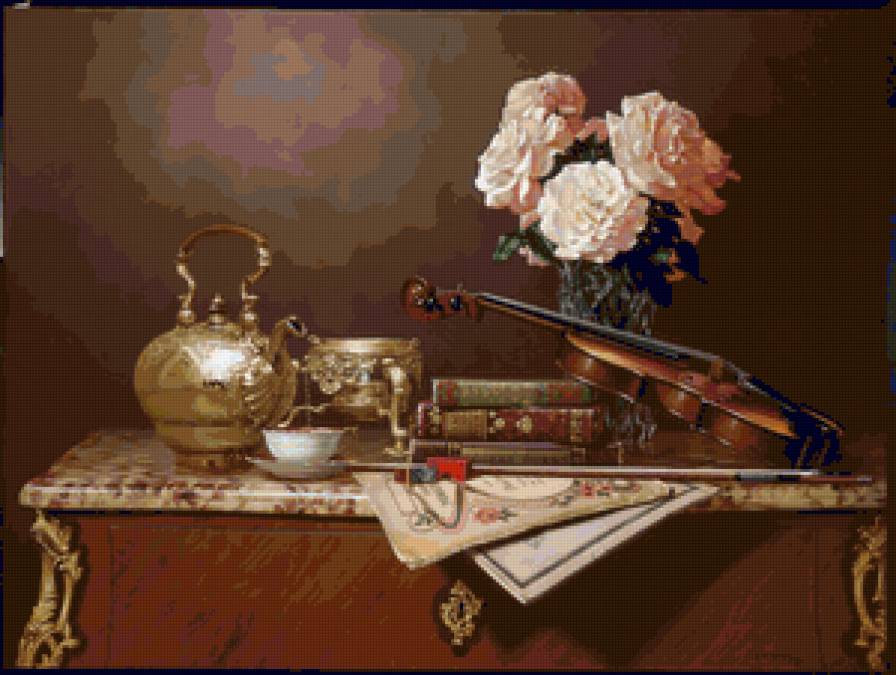 Rino Gonzalez - натюрморт цветы и скрипка - натюрморт, цветы, rino gonzalez, скрипка - предпросмотр