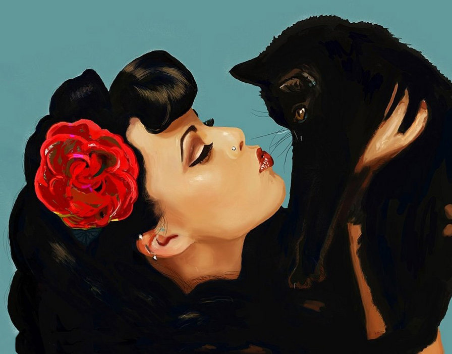 девушка и черная кошка - девушка, кошка - оригинал