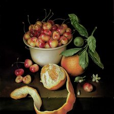 STILL LIFE- WHITE BOWL OF CHERRIES AND TWO ORANGAS