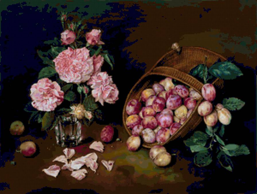VICTORIA PLUMS Oil on canvas - натюрморт, слива, цветы - предпросмотр