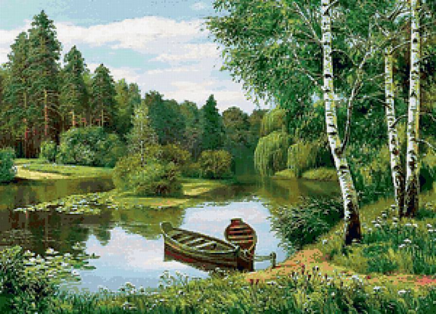 Русская природа - лодочки, березки, пейзаж, картина, река, лес - предпросмотр