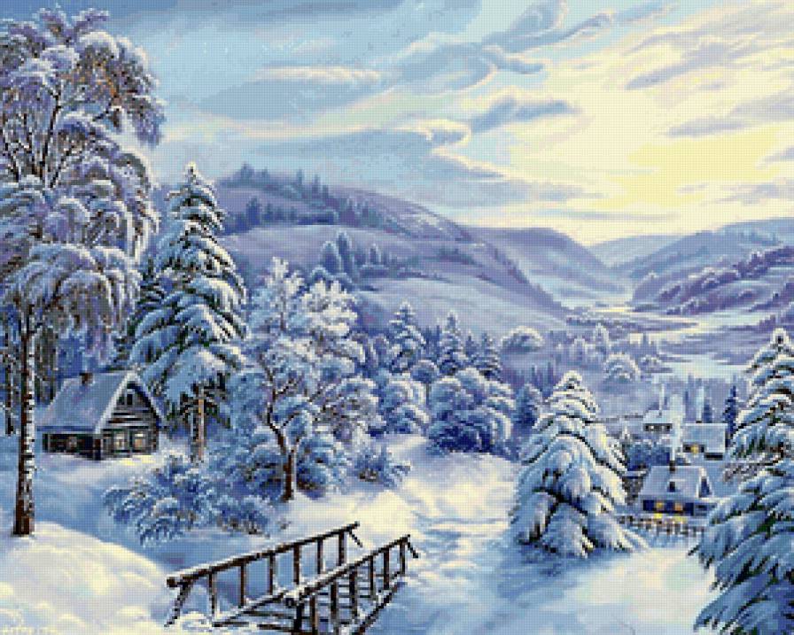 Зимушка-зима снежная... - зима, деревня, домики, пейзаж, снег, картина - предпросмотр
