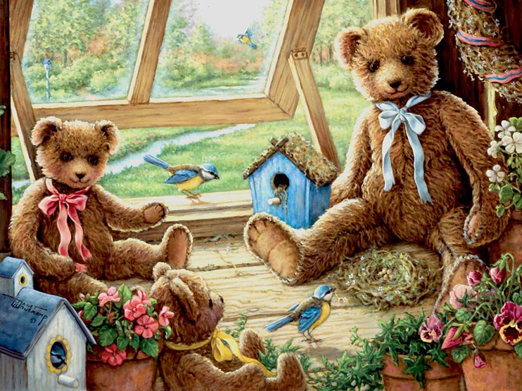 медвежата - игрушки, детская картина, птичка, мишки, мишутка, медвежата - оригинал