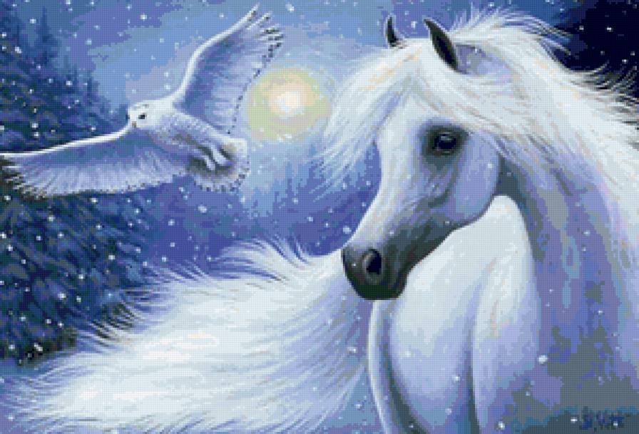 Сова и белая лошадь - совы, лошадки, животные, фантазия, лошадь, зима, кони - предпросмотр