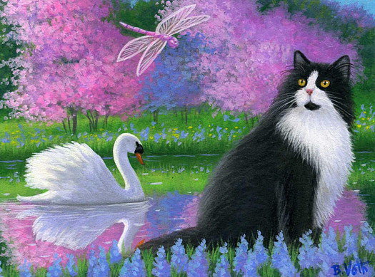 Кот и лебедь - лебедь, природа, кошки, птицы, кот, пейзаж, цветы, весна - оригинал