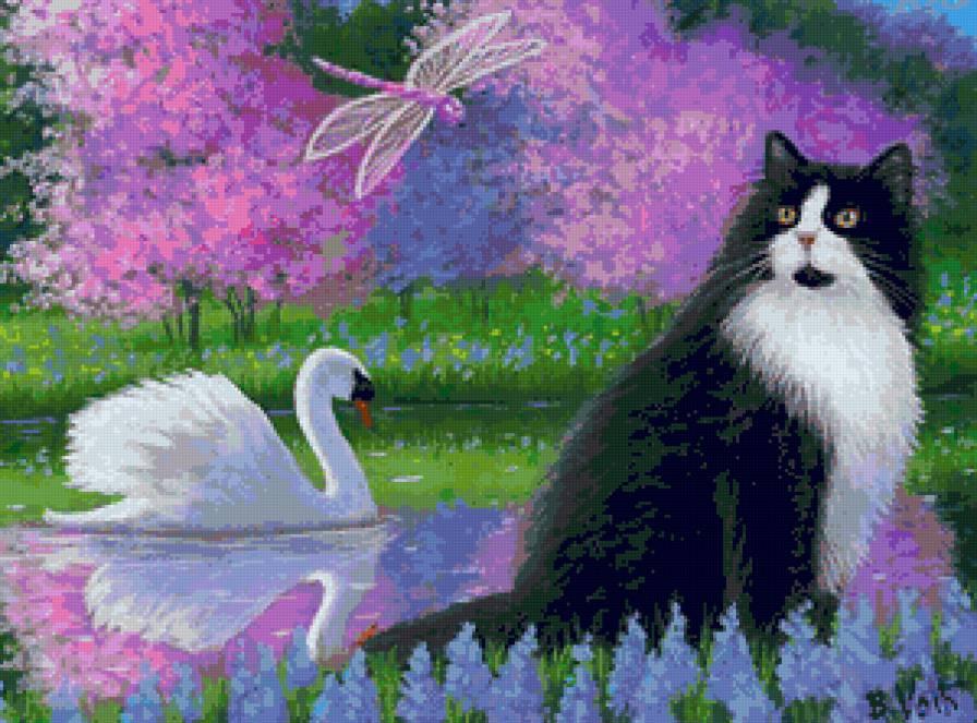 Кот и лебедь - птицы, цветы, весна, пейзаж, кот, кошки, лебедь, природа - предпросмотр