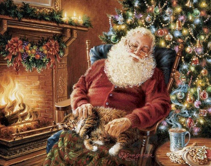 Санта-Клаус - котенок, животные, открытка, рождество, картина - оригинал