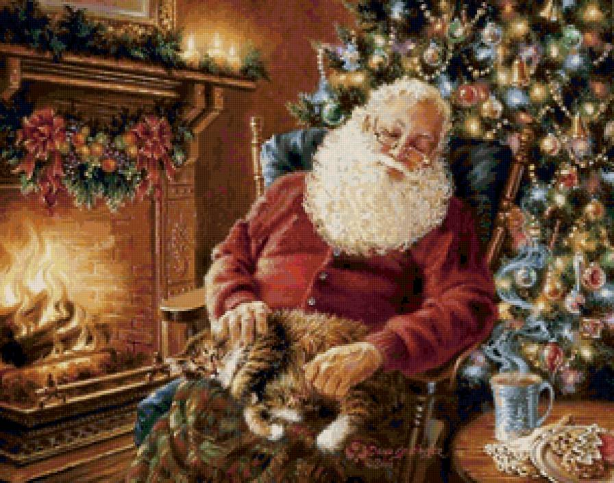 Санта-Клаус - котенок, животные, рождество, картина, открытка - предпросмотр