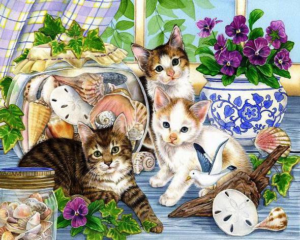 Котята  на подоконнике - цветы, животные, подоконник, кот, кошка, окно - оригинал
