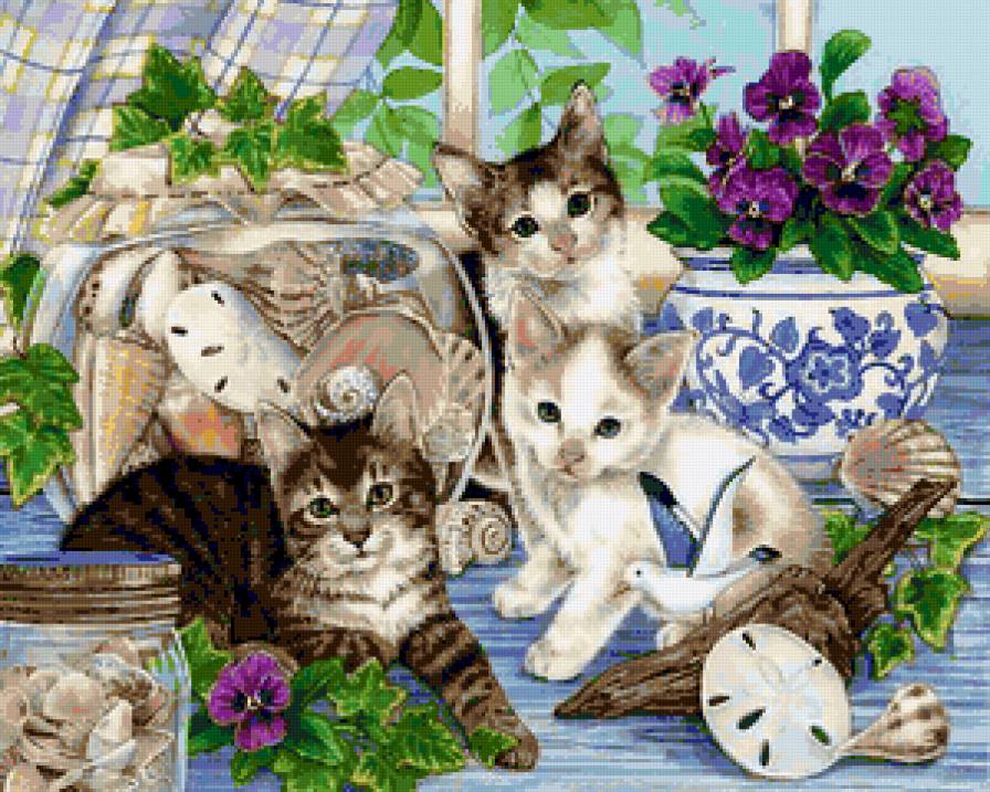 Котята  на подоконнике - подоконник, цветы, кот, окно, животные, кошка - предпросмотр