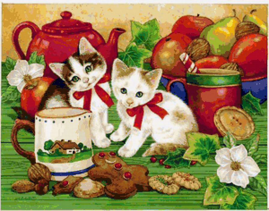 Котята  на кухню - чашка, цветы, животные, яблоки, груши, кот, посуда, кошка, фрукты - предпросмотр
