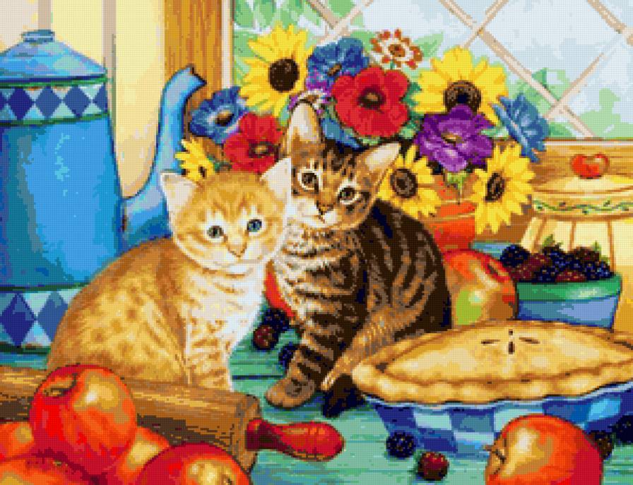Котята  на кухню - кошка, яблоки, цветы, кот, посуда, животные, чашка, груши, фрукты - предпросмотр