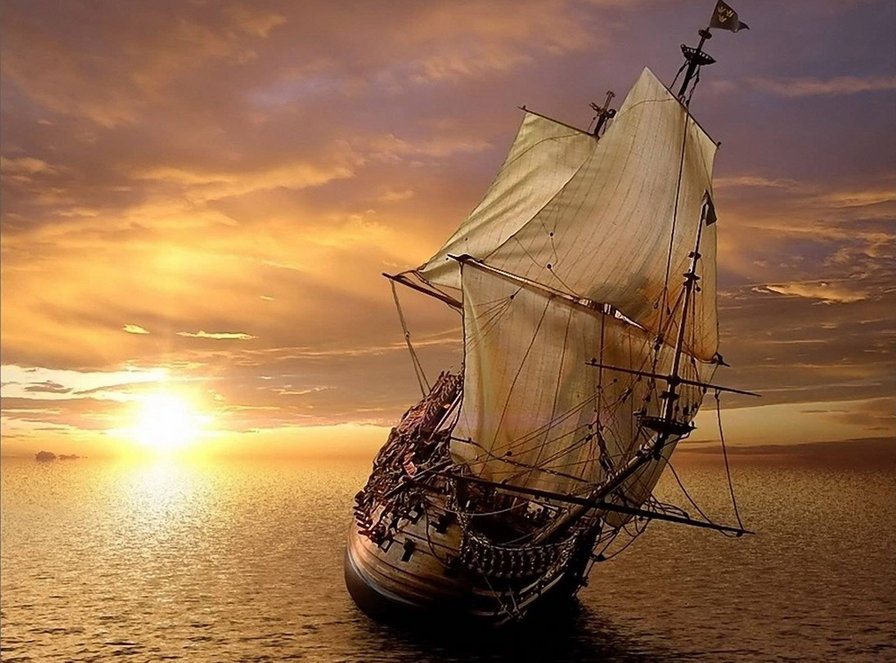 Корабль на закате - закат, морской пейзаж, море, корабль - оригинал