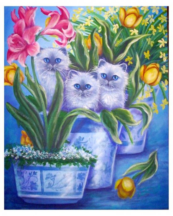 Озорники - живопись, коты, цветы, животные - оригинал