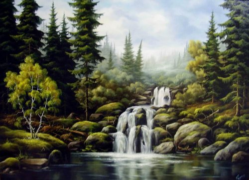 Горный пейзаж - река, природа, вода, горы, пейзаж, водопад - оригинал