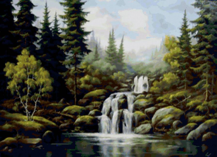 Горный пейзаж - природа, водопад, река, пейзаж, вода, горы - предпросмотр
