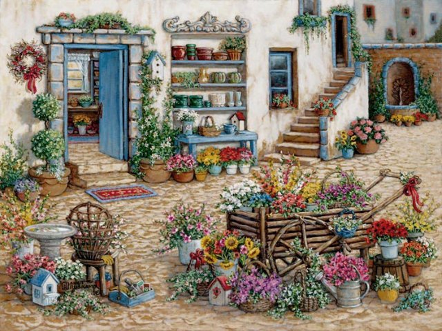 дворик - букет, цветы, картина - оригинал