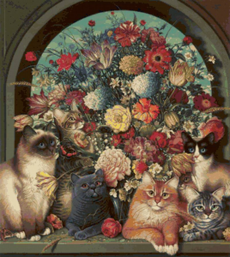 кошки - животные, картина, коты, кошечки, цветы, кошка, кот - предпросмотр