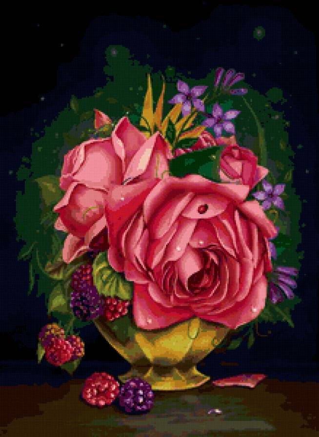 букетик - розы, ягоды, картина, цветы, роза, малина - предпросмотр