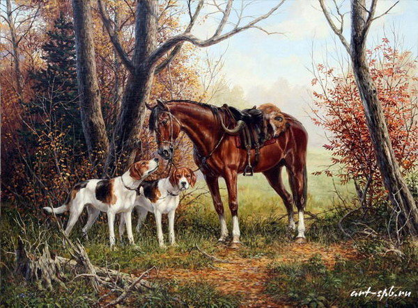 После охоты - осень, лес, собака, лошадь, пейзаж, животные - оригинал
