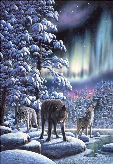 Триптих Зима (1 ч) - пейзаж, замок, животные, волк, фентази, картина, живопись - оригинал