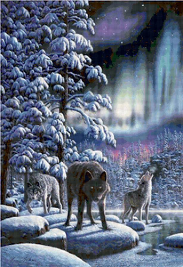 Триптих Зима (1 ч) - животные, живопись, картина, пейзаж, волк, замок, фентази - предпросмотр