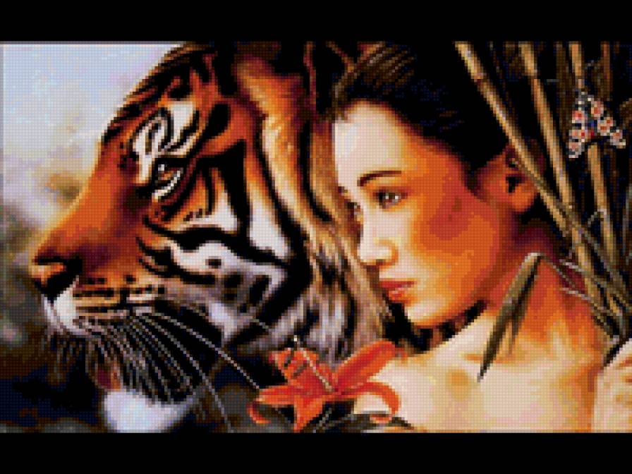 Тигр и Японка - животное, девушка, тигр, японка, фентези - предпросмотр
