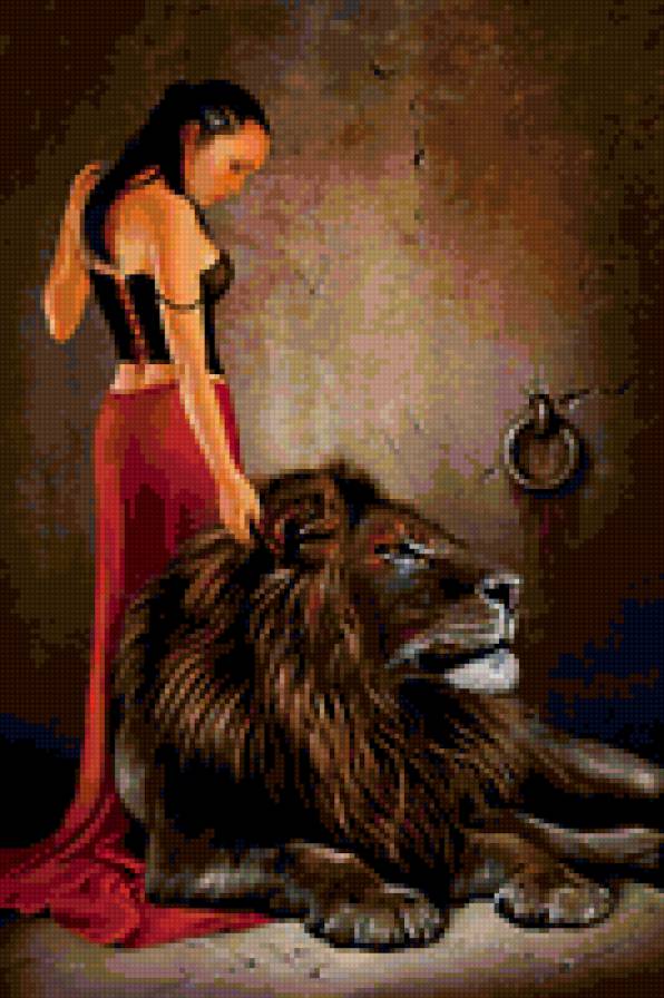 Девушка и лев - лев, животное, девушка, фентези - предпросмотр