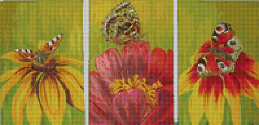 Цветы и бабочки - триптих, цветы, бабочки - предпросмотр