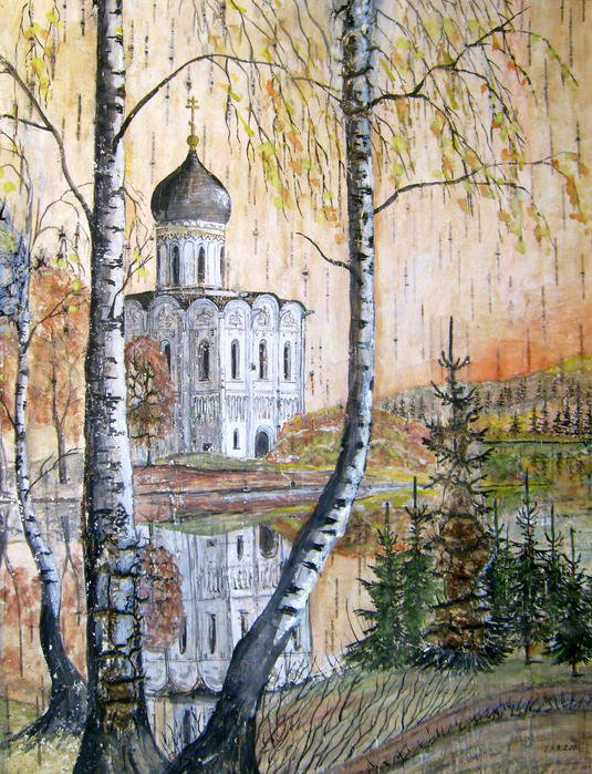 Храм в лесу - живопись, пейзаж, березки, церковь, река, храм, природа - оригинал