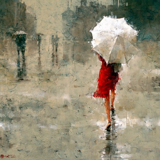 Девушка под зонтом - зонт, красный, картина - оригинал