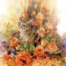 Оригинал схемы вышивки «кот в цветах» (№155453)